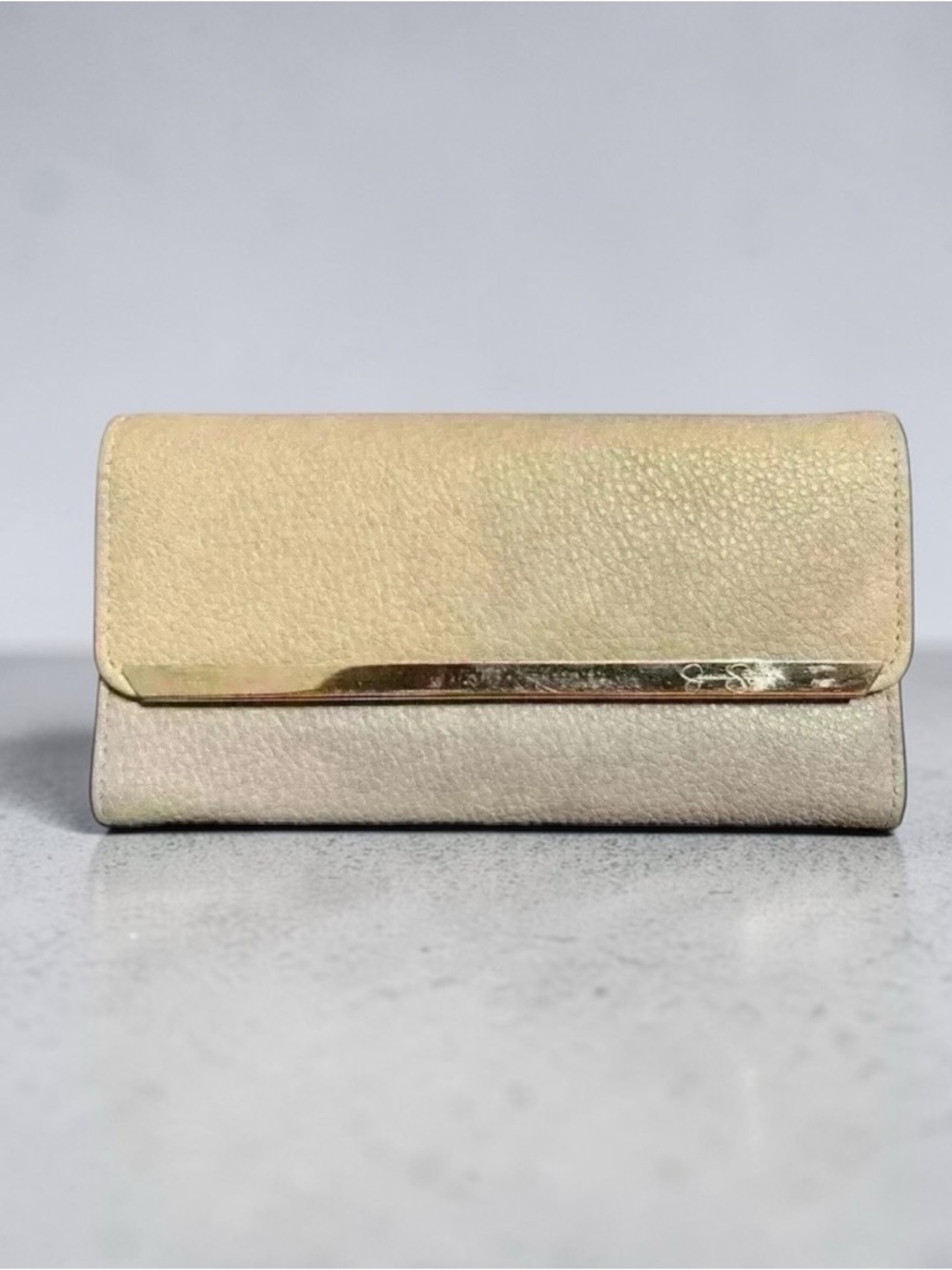 Jessica Simpson Wallet Grey Beige Snap Closure Leopard Lining